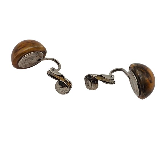 VTG Clip On Earrings Round Ball Honey Brown Swirl Lucite Resin MCM Retro Womens - Picture 8 of 16